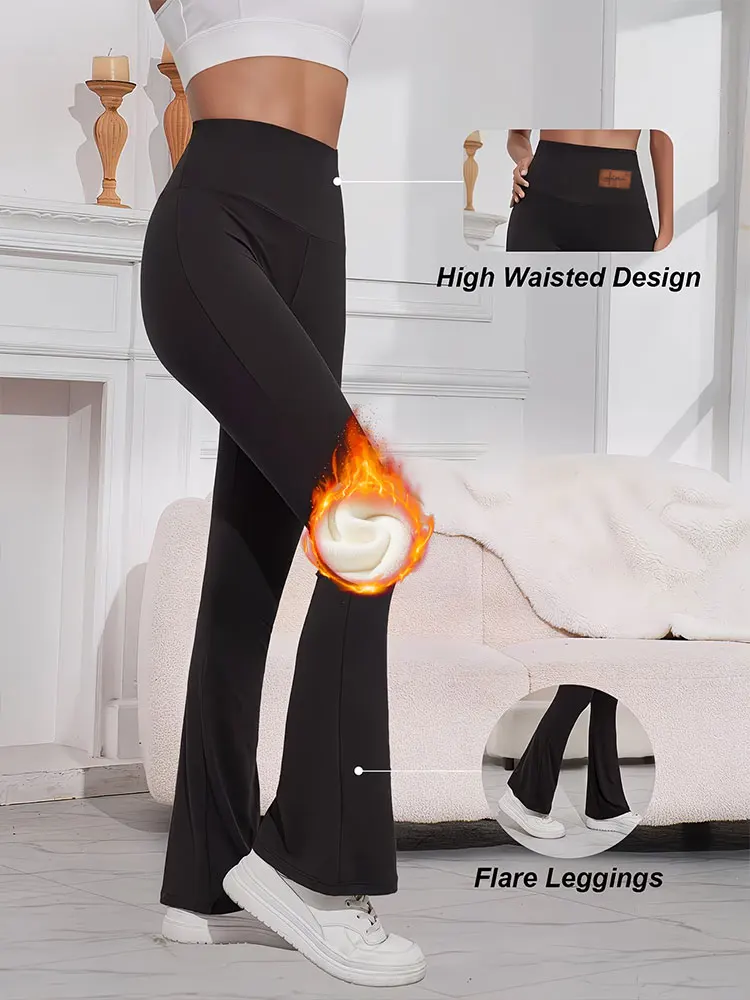 Winter Hochgeschnittene Fleece-Gefütterte Thermohose mit Ausgestelltem Bein, Bauchkontrolle, Po-Lifting, Dick und Weich, Geeignet für Radfahren und Tägliches Tragen