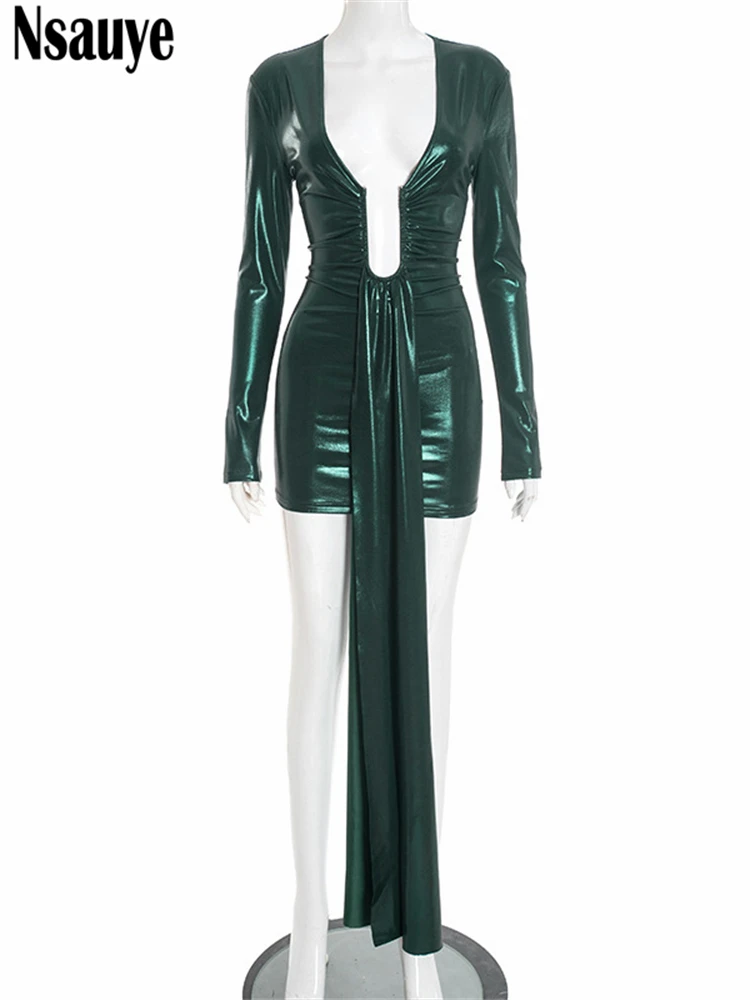 Nsauye 2025 Nieuwe Mode Vrouwen Lage Uitgesneden Sexy Nachtclub Avond Korte Jurk Party Elegante Winter Wrap Lange Mouw Jurk winter