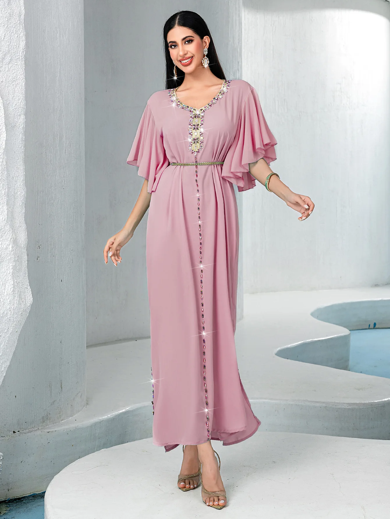 

Eid Women Dress Muslim Abaya Diamond V Neck Dubai Vestidos Largos Long Dresses Kaftan Arab Robe Party Caftan Jalabiya Ramadan