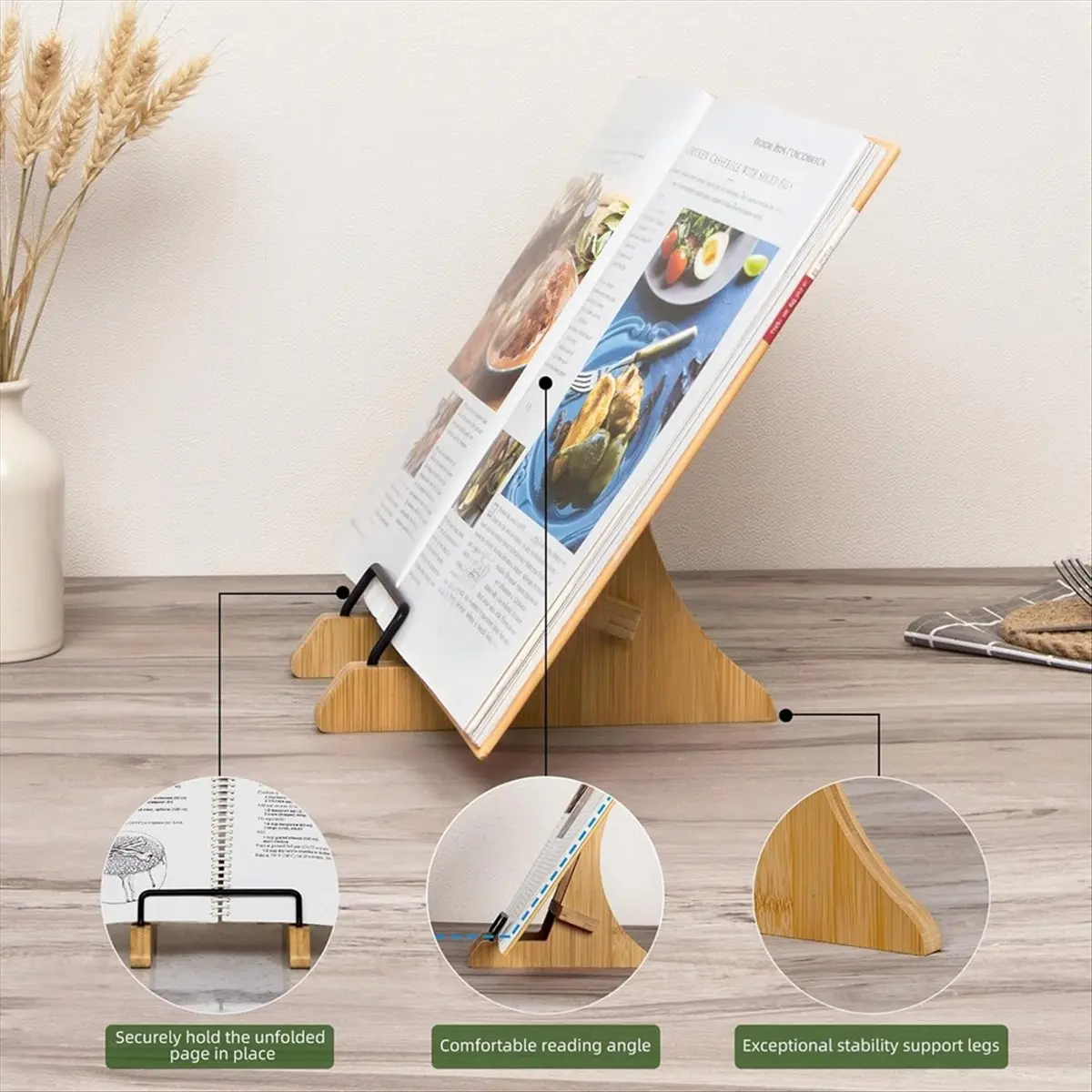 حامل كتب الطبخ الجديد لطاولة المطبخ، حامل كتب الطبخ من الخيزران، حامل كتب الطبخ للمطبخ، حامل كتب الوصفات #4