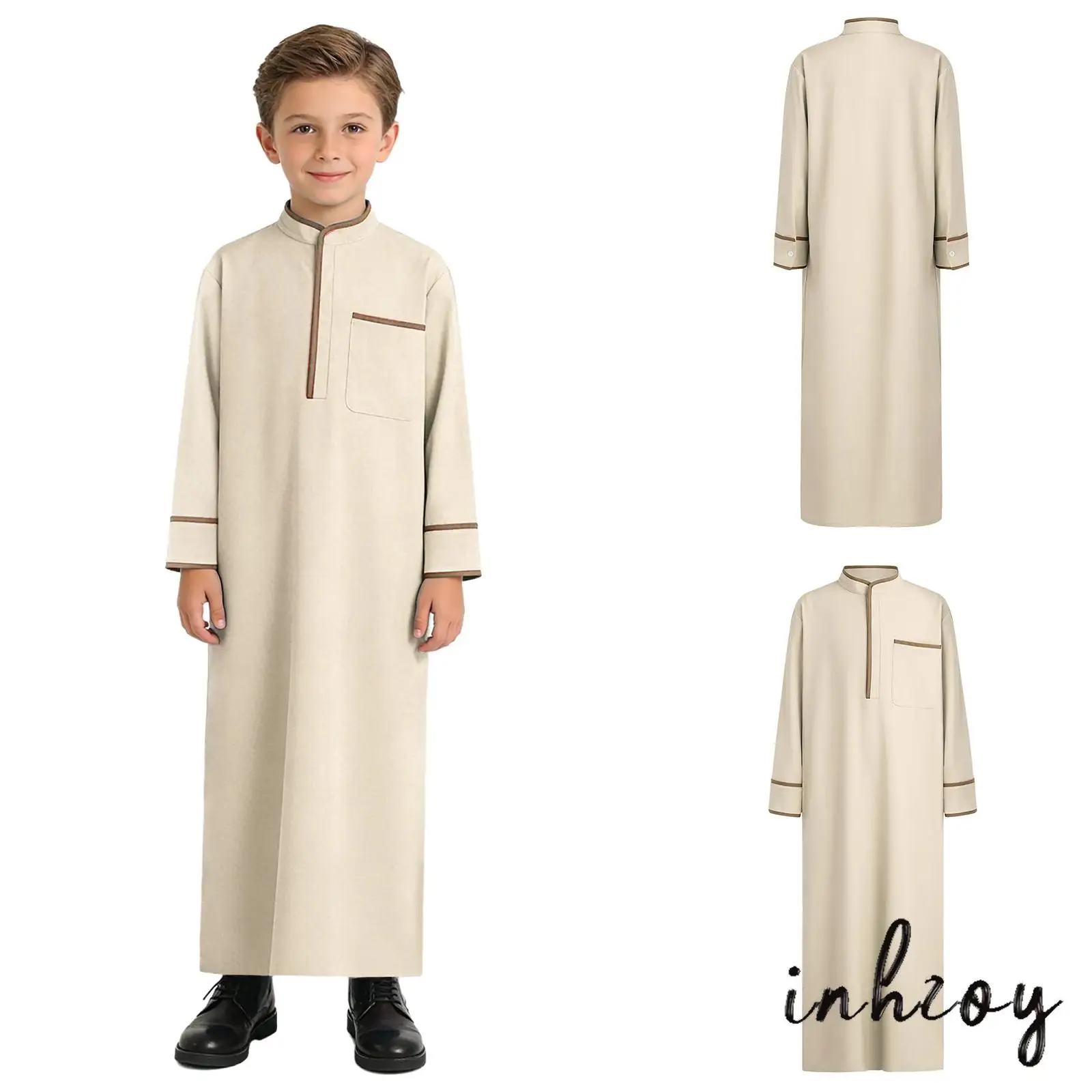 

Kids Boys Muslim Thobe Arabic Middle East Loose Loose Kaftan Long Sleeve Stand Collar Contrasting Color Trim Robe with Pocket