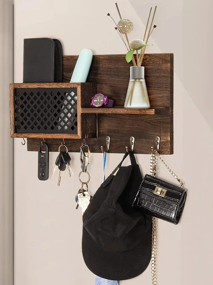 Wooden mail rack on the wall, entrance key hook, living room decoration, wall storage rack, solid wood hanging rack