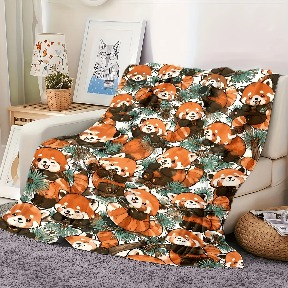 1pc Pinecone Red Panda Pattern Flannel Blanket, Premium Ultra Soft Warm Cozy Comfort, Heavyweight 280GSM, Machine Washable Easy Care, Multi Size, Perfect for Bedroom Sofa Home Decor Office Dorm & Car, Cozy Winter Throw, Ideal Gift Choice