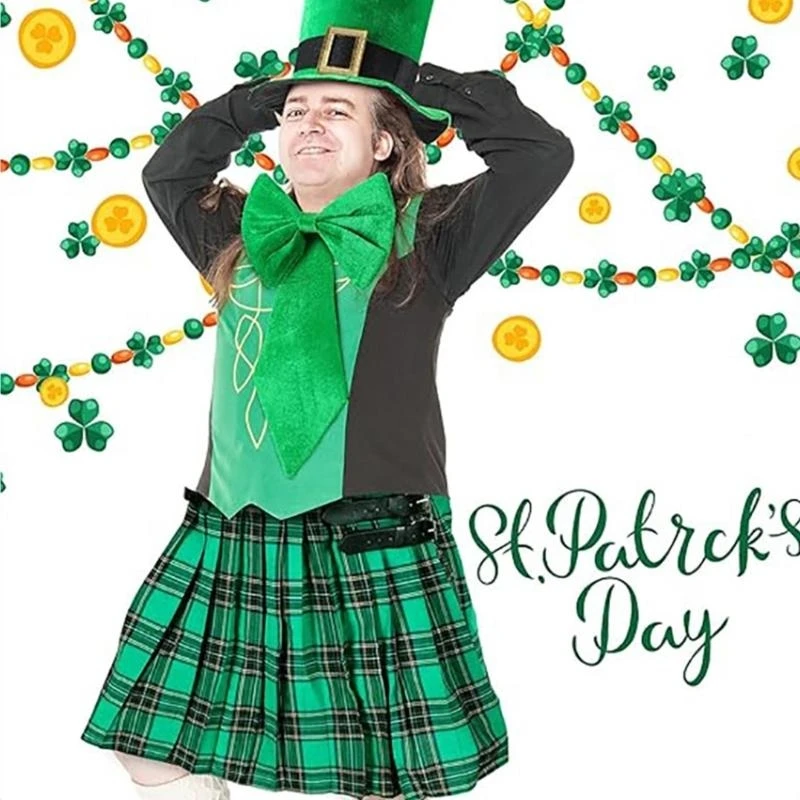 

Patricks Day Bartender Costume Accessory Irish Festival Bartender Outfits with Hat Skirt Neck Tie Beard Striped Stocking