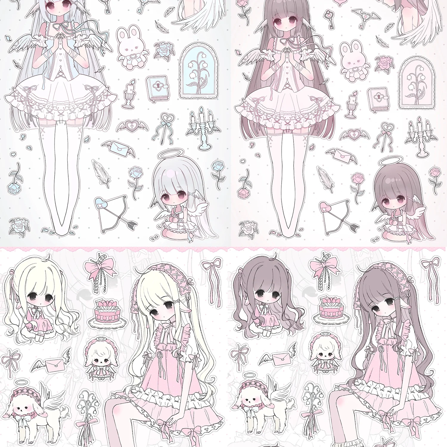 FrillWing Sticker Set | Powder-Pink-Silver-Lavender Angel-Dolls & Lace-Maids for Deco Diaries
