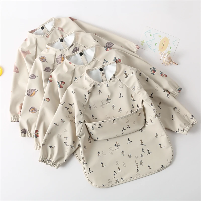 Baberos de PU de manga larga para niños, artesanías de arte para niños pequeños, protección impermeable para la hora de la comida, lavable, fácil de