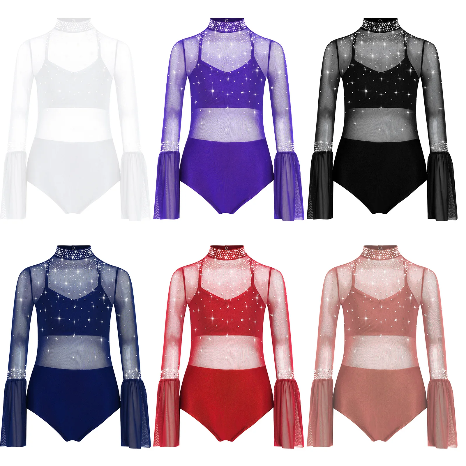 

Flare Sleeve Leotard Kids Girls Shiny Rhinestone Sheer Mesh Patchwork Bodysuit Gymnastics Figure Skating Dance Jersey Dancewear