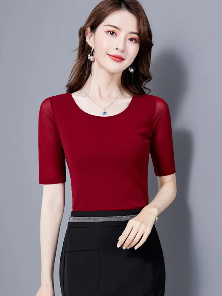 2025 Spring Autumn New Mid Sleeved T-Shirt For Women To Look Slim Slim, With 5/4 Sleeve Inner Layer And A Base Shirt Top That