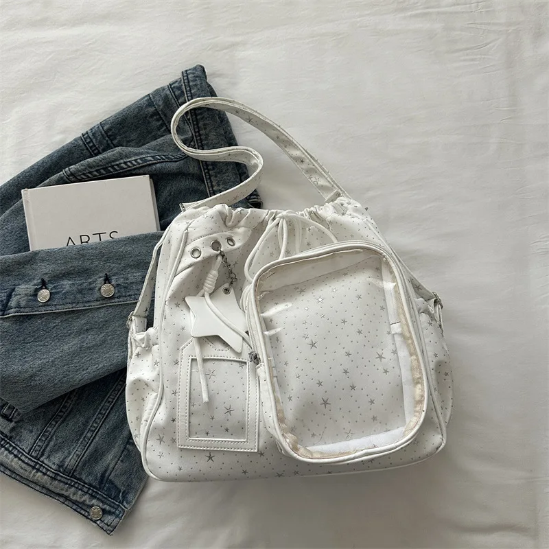 Cute Sweet Drawstring Multifunctional Star Backpack Large Capacity Shoulder Bucket Bag for Women Commuting