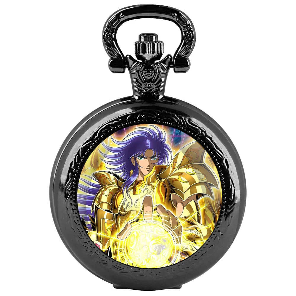 ساعة جيب كوارتز سوداء على شكل قبة زجاجية من Saint Seiya مع قرص أرقام عربية وسلسلة متينة هدية كلاسيكية للرجال والنساء