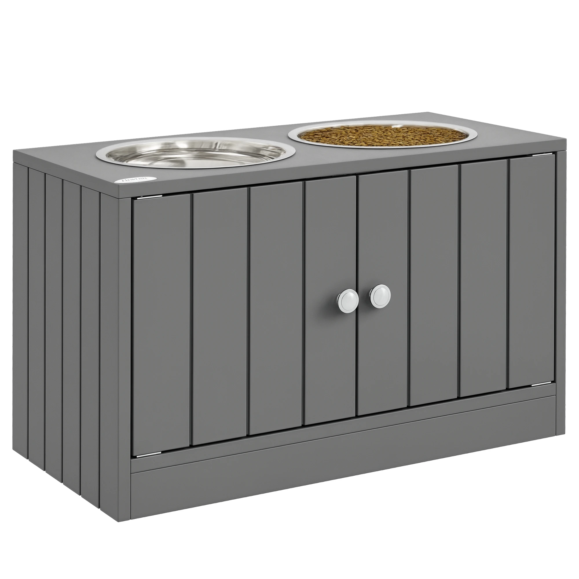 PawHut Comedero Perro Elevado con 2 Cuencos de Acero Inoxidable 2x2000 ml Comedero Elevado para Perros Grandes con 2 Puertas y Almacenamiento Oculto Gris