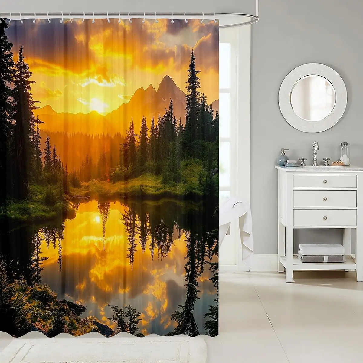 Pine Tree Sunset Shower Curtain, Rustic Farmhouse Botanical Print, Waterproof Bath Curtain with 12 Hooks