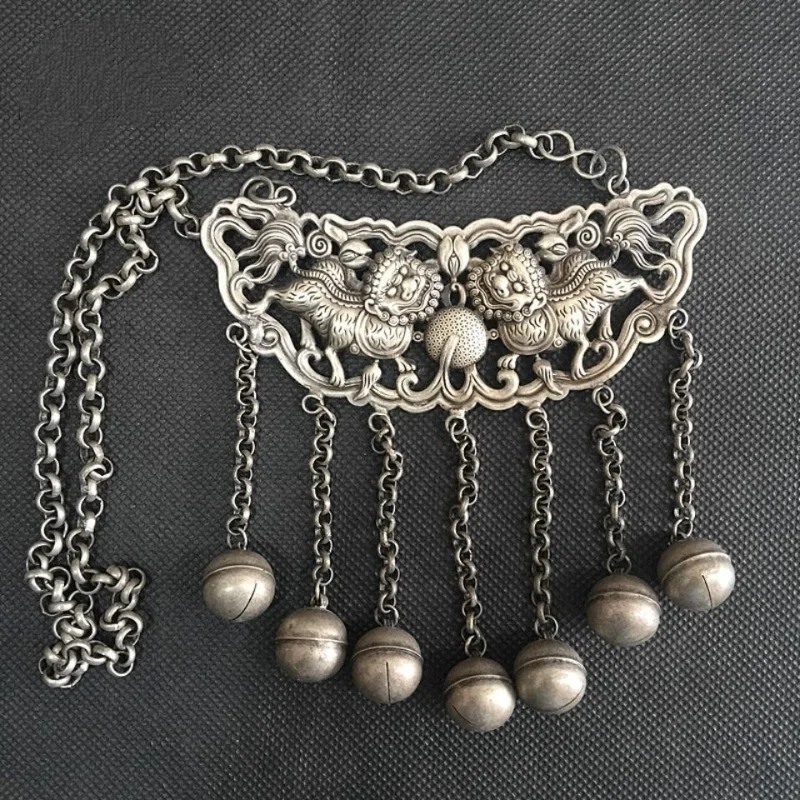 Chinese Ethnic Miao Silver Double Lion Play Ball Lock Pendant with Bells Hand-Carved Hollow Vintage Folk Curio Ornament