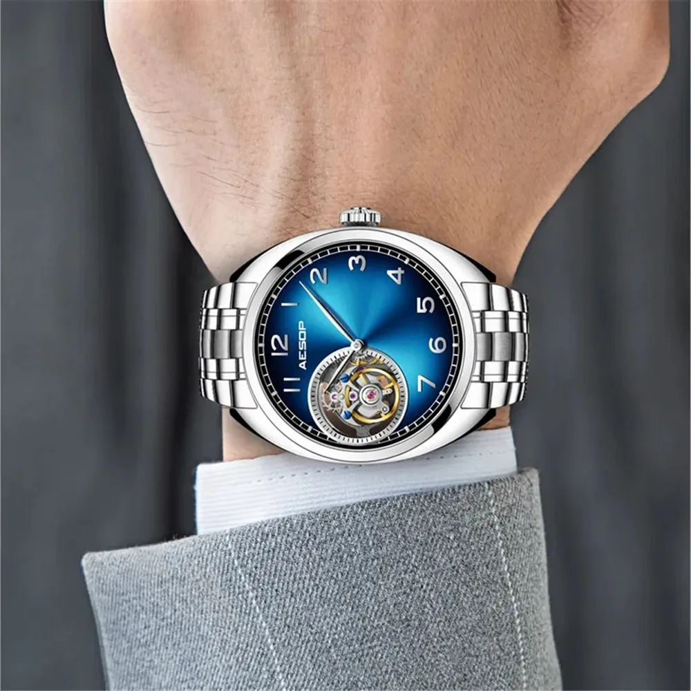 AESOP Luxury Man Wrist Watch Business Mechanical Sapphire Aurora Dial Skeleton Hollow Men Waterproof Real Tourbillon Wristwatch