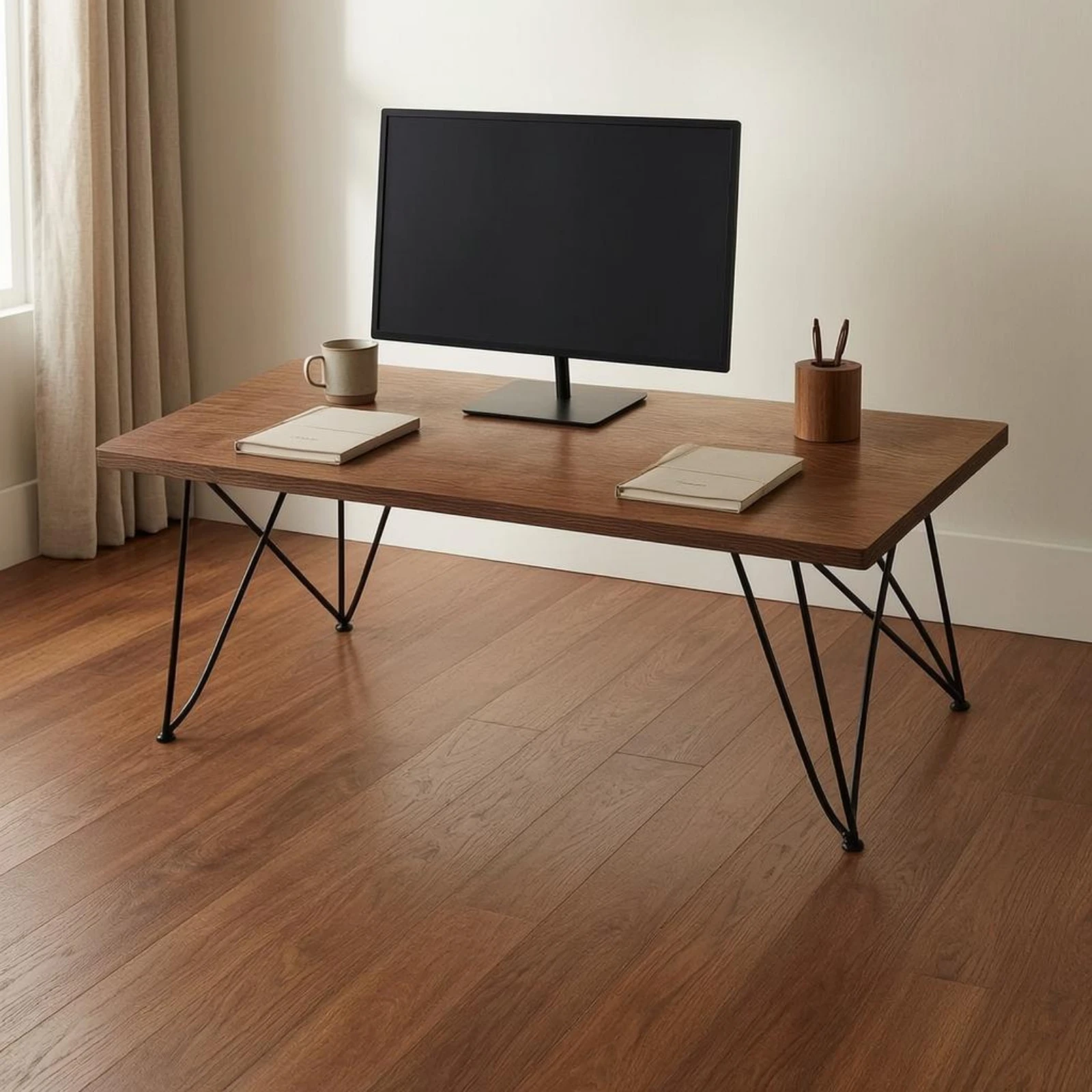 Rectangular Desk Black Metal Legs Modern Desk Study Table Flat Work Surface Clean Edges