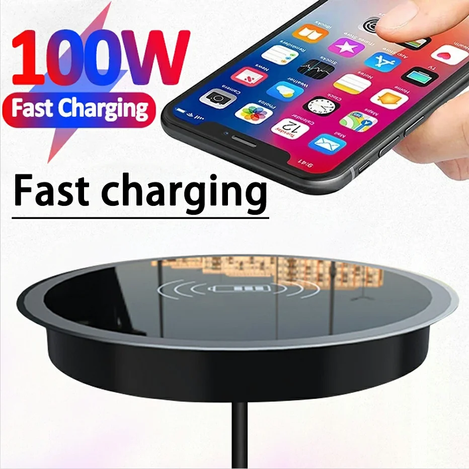 100W Quick Wireless Desktop Embedded Charger For iPhone Samsung Huawei Xiaomi Oppo Phone Fast Inductive Charging