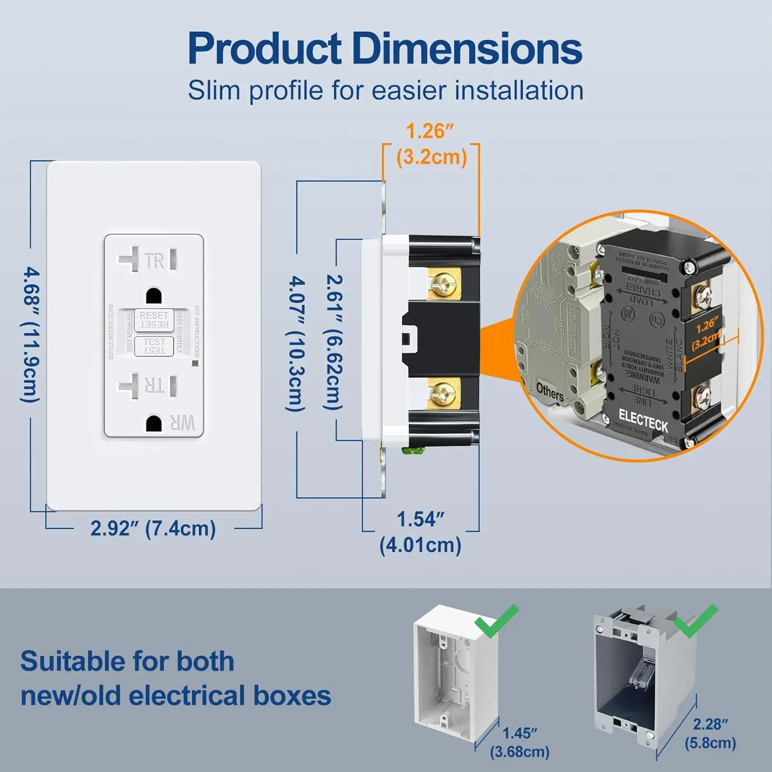 ELECTECK 50 حزمة من منافذ GFCI 20 أمبير، مقاومة للطقس في الهواء الطلق (WR)، أوعية GFI ذاتية الاختبار مع مؤشر LED، سير الأخطاء الأرضي #5
