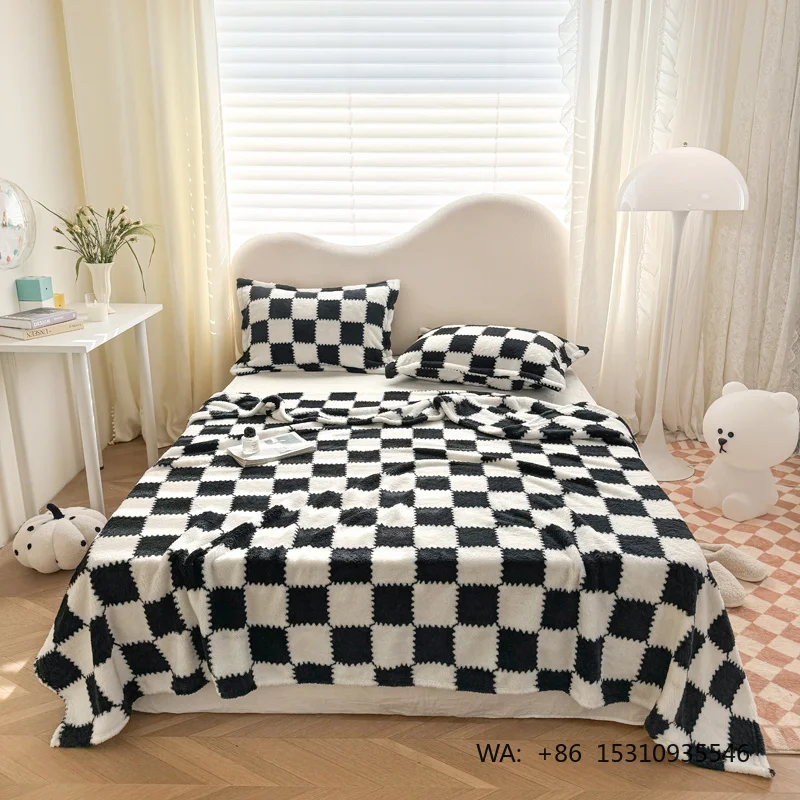 2026 New Thickened Plush Flannel Blanket, Panda Fleece Long Hair Checkered Throw, All Sizes in Stock