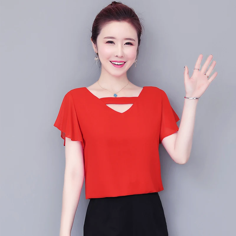 

Korean Women's plus Size Solid Short Sleeve Chiffon Blouse Office Lady Workwear Solid Color Shirt Camisa Feminina Blusas Coreana