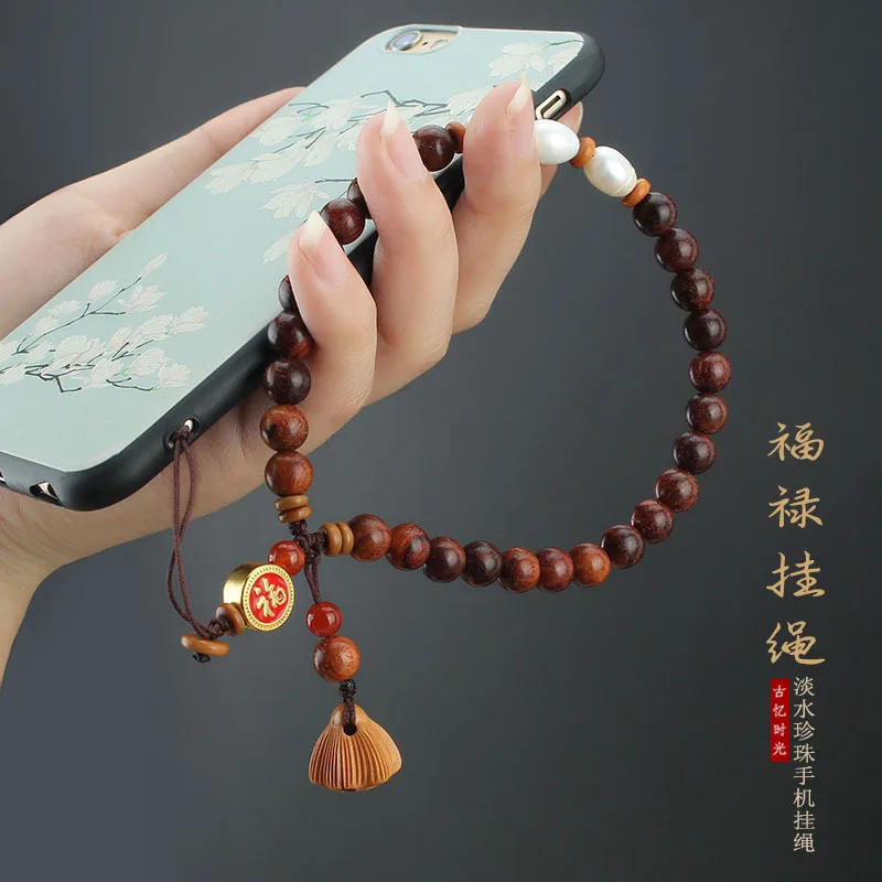 DIY accessories Chinese style mobile phone lanyard wrist rope wooden beads all the way blessed short Buddha beads mobile phone a