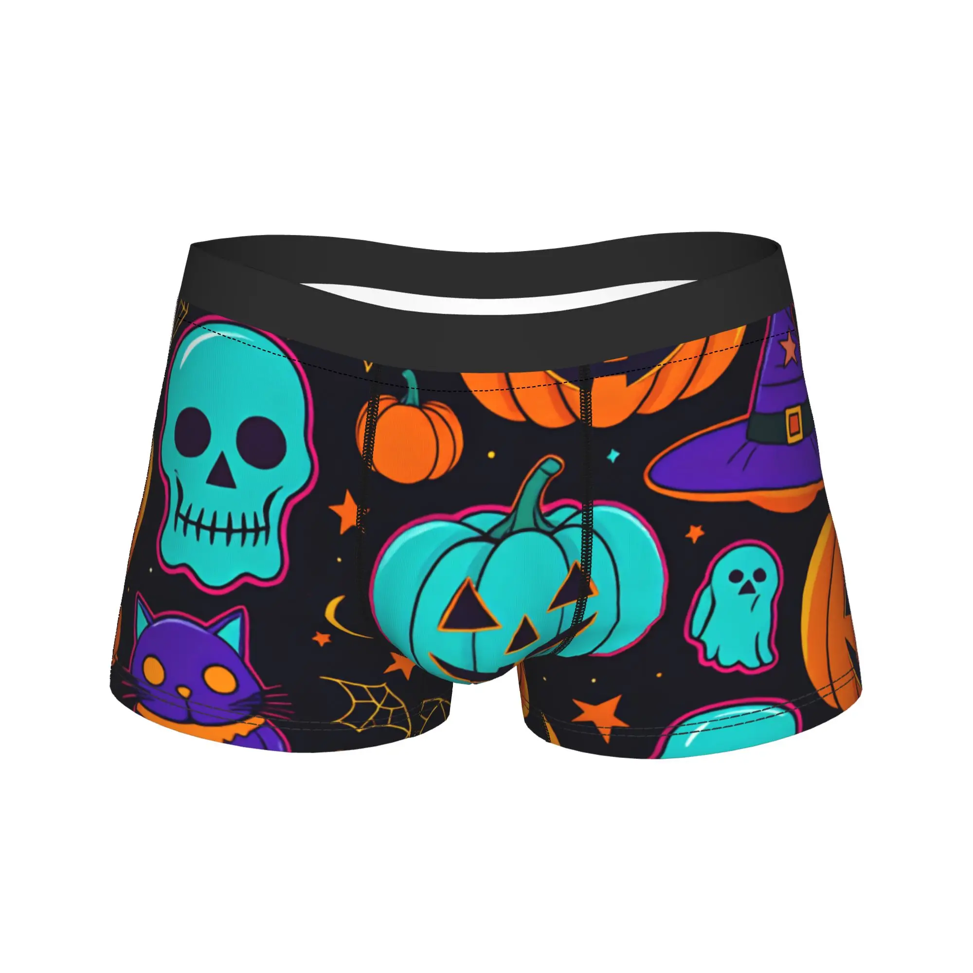 Halloween Skull Cat Witch Hat Pumpkin Ghost Seamless Pattern Underwear  Elastic Underpants Print Shorts Briefs For Man Pouch