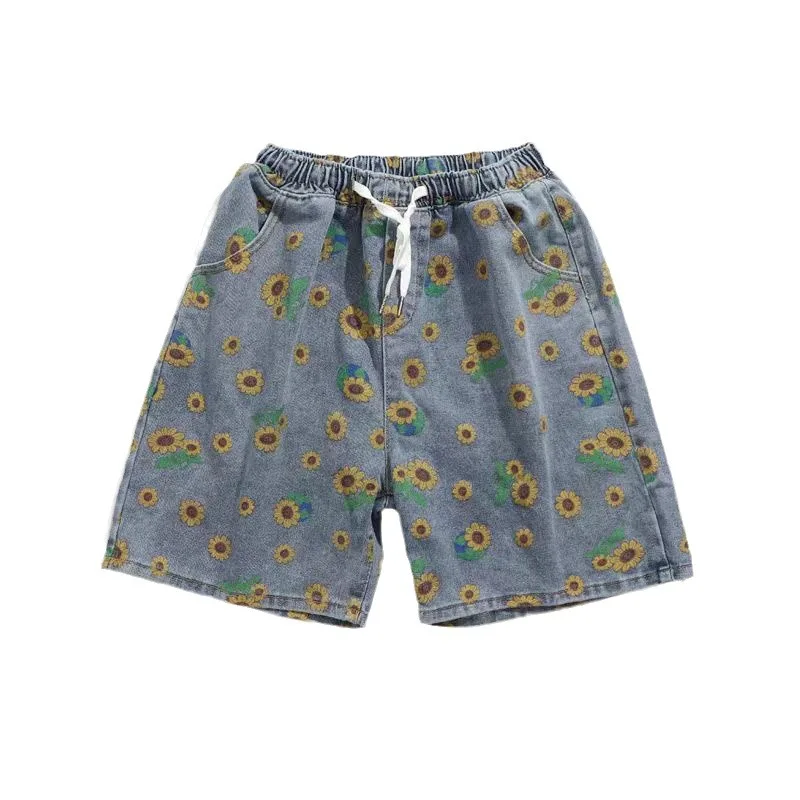 メンズ ヴィンテージ リンクル ブルー デニム ショートパンツ 巾着付き、ルーズフィット 5 インチ ビーチ パンツ 夏のストリートウェア用