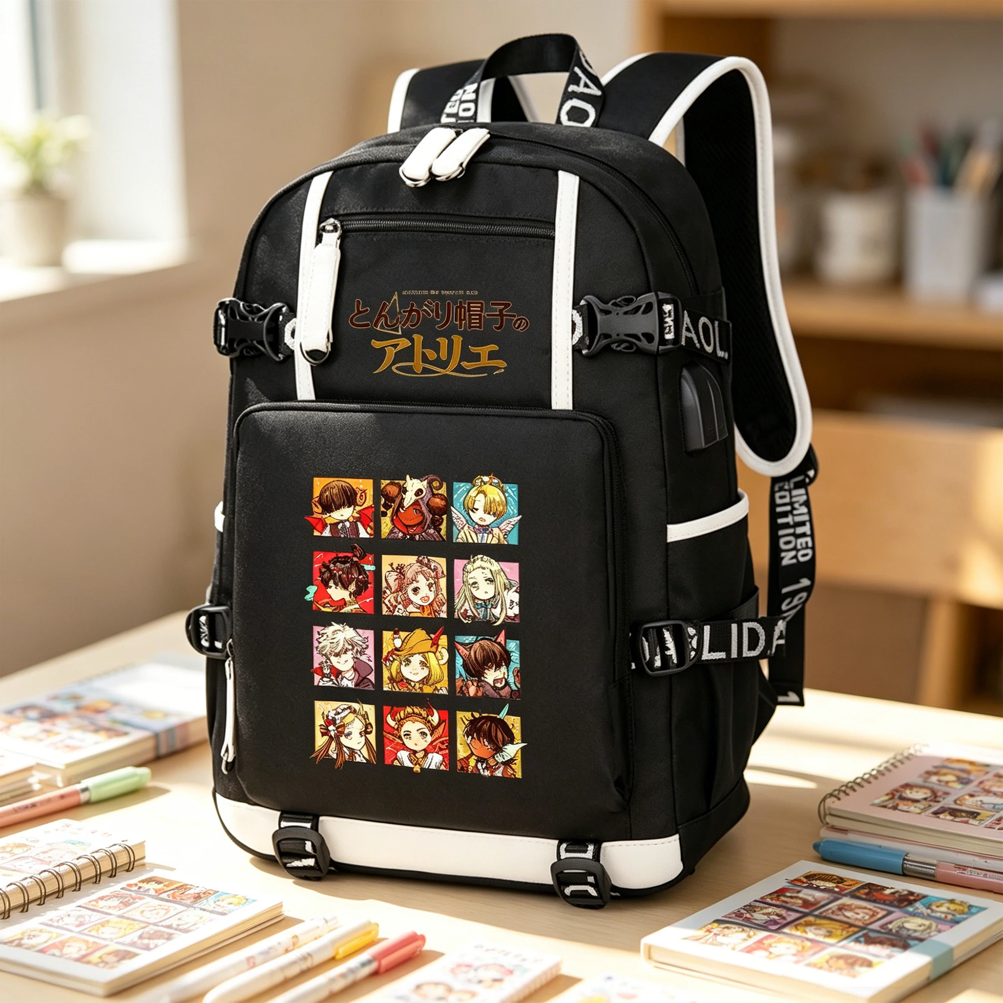 

Anime Witch Hat Atelier Students School Bookbag Men Laptop Backpack Travel Bagpack Oxford Casual Daypacks Knapsack with USB Port