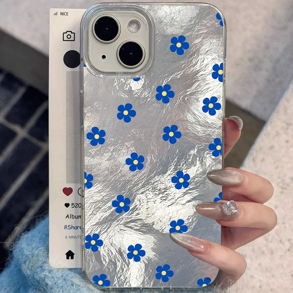 Coque rigide pour iPhone 17 16 13 12 11 15 14 Pro Max X XS XR 16 14 15 8 7 Plus, motif mini marguerites bleues et motifs glacier