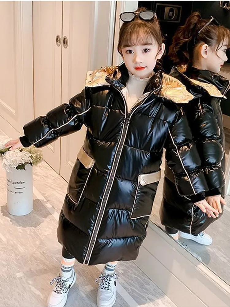 5-16T Girls Parkas Hooded Plus Velvet Warm Children'S Outerwear Bright Skin No Washing Required Jackets High Quality 120-170