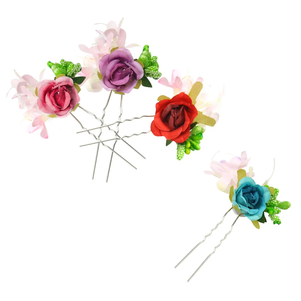 

4 Pcs Women Floral Wedding Hairpin U-shaped Clips for Hair Styling Tools Bride Accessories withFlower Decorative