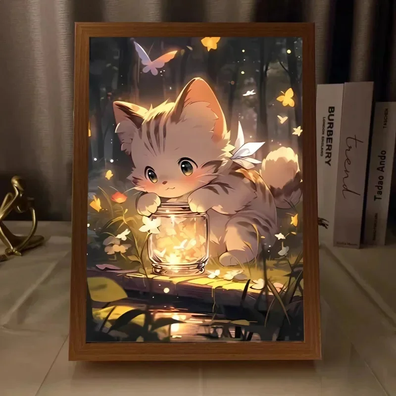 Anime Cat LED Light Painting Night Lamp Led Lamp Photo Frame Animal Landscape Bedside Decoration Tricolor Picture Christmas Gift