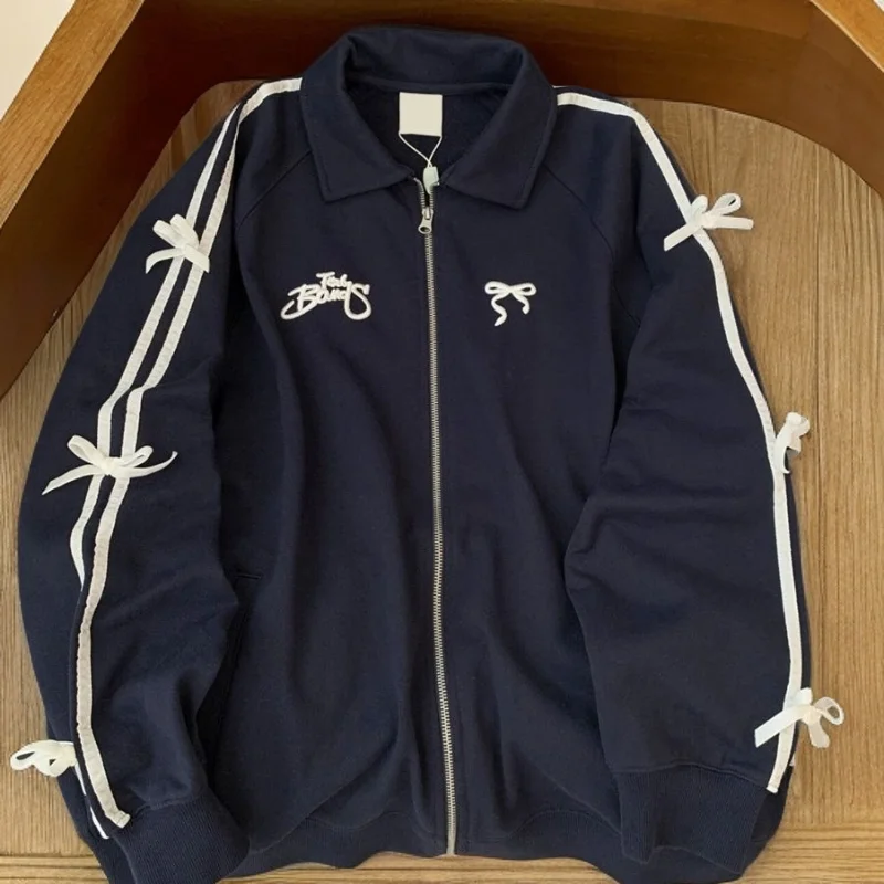 

Модная повседневная толстовка с бантом, большого размера, в американском стиле, молодежная, на молнии, свободного кроя, с длинными рукавами и воротником