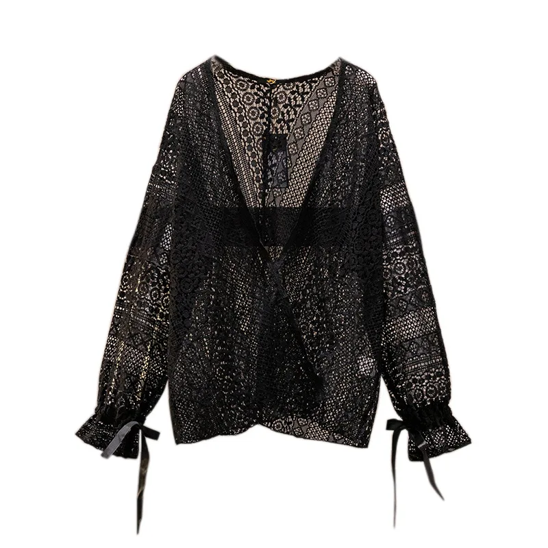 150Kg Plus Size Women\'s Summer Loose Sun Protection Top Bust 150 V-Neck Lace Cardigan Shawl Black Apricot 5XL 6XL 7XL 8XL 9XL