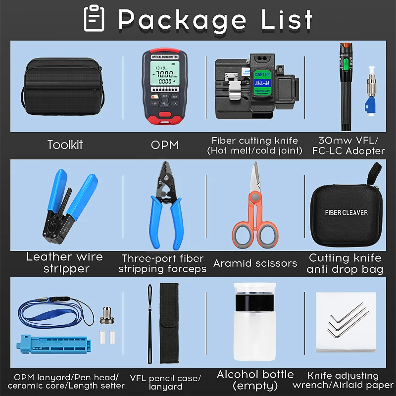 COMPTYCO Fiber Optic Tool Kit 30mW Visual Fault Locator FTTH Tools Fiber Power Meter Optical Bag AUA-X5 Fiber Cleaver image 2