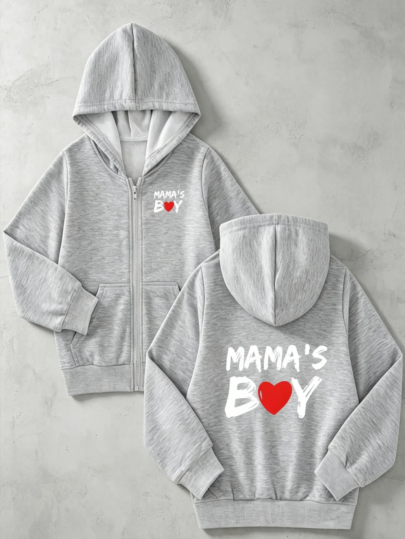 Kids Mamas Boy Red Heart Letter Print Zip Up Hoodie Loose Long Sleeve Hooded Jacket Casual Daily Outerwear For Boys