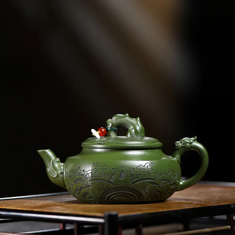 Handmade Yixing Purple Clay Pot Famous Hand-Carved Ore Dark Green Mud Watching the Sea Teapot Household Set 200C