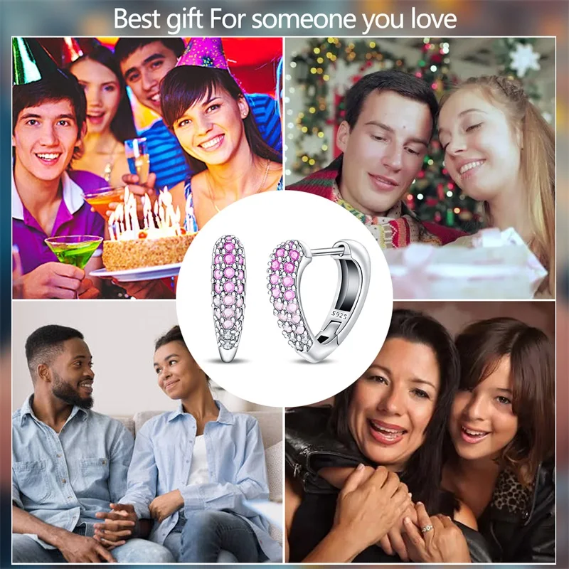 Original 925 Sterling Silver Pink Gradient Heart-Shaped Hoop Earrings Sparkling CZ Zircon Earrings Women Birthday Jewelry Gifts view 6