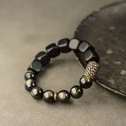 Vintage Ebony & Gold Obsidian Bracelet with Brass Accents, Unisex Handmade Jewelry, Retro Healing Stone Retro Simple Jewelry
