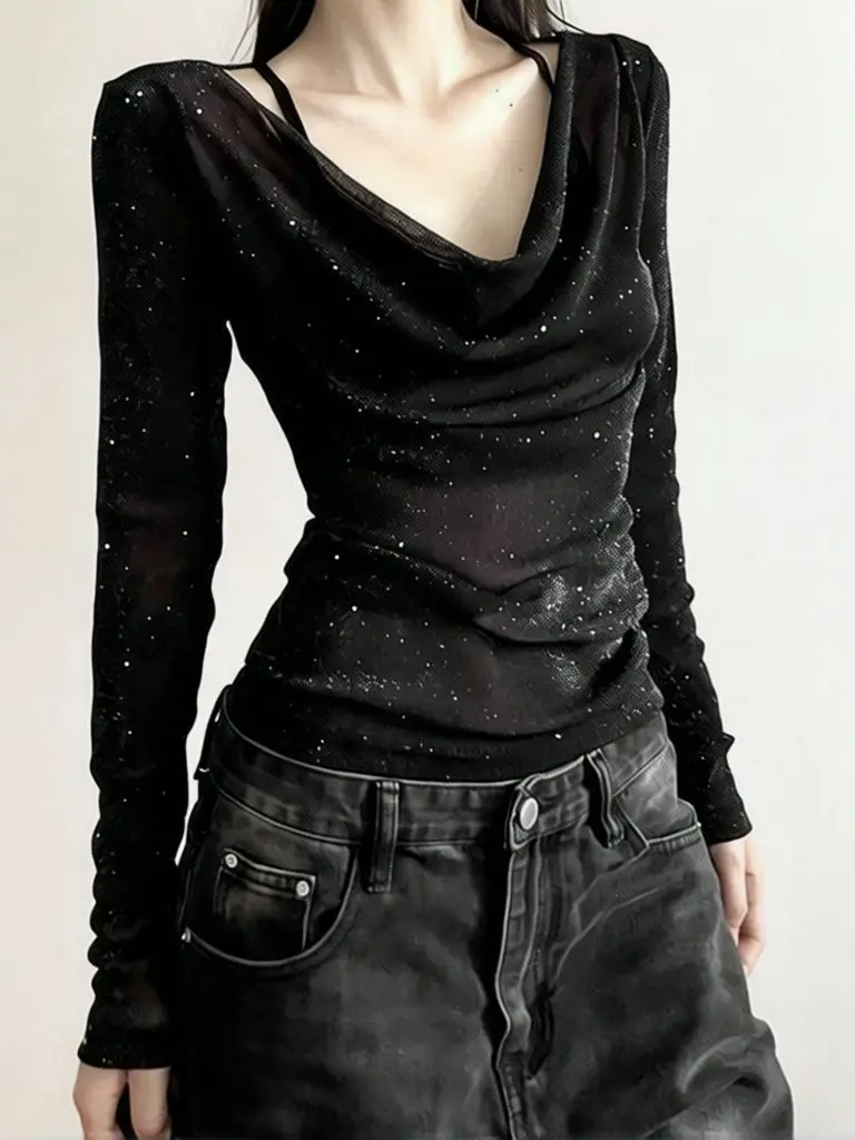 Drape V Neck Bling T Shirt Women Shiny Mesh Top Off Shoylder Sequin Top Slim Fit See Through Sexy Long Sleeve Basic Tees Black