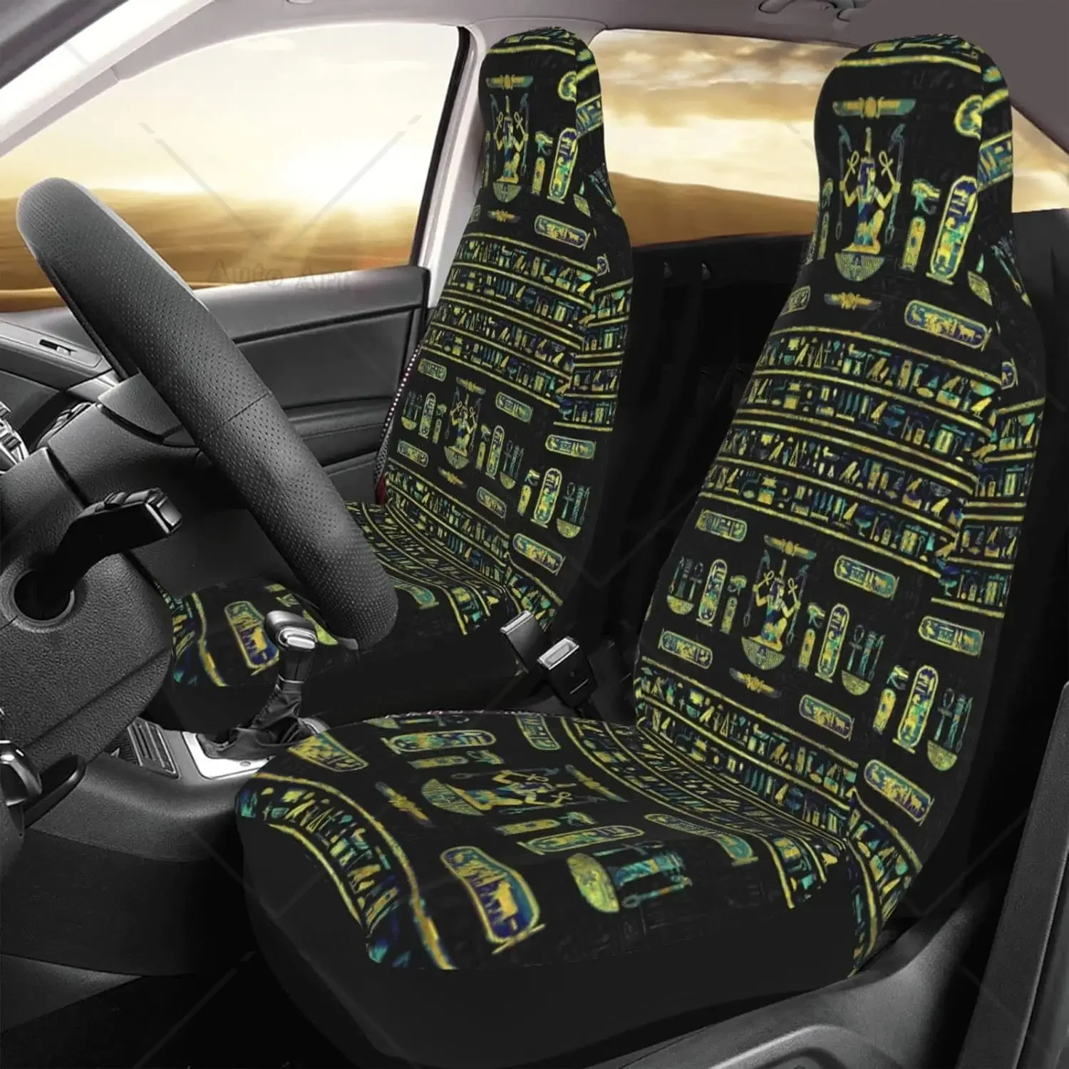 Car Seat Covers Egyptian Hieroglyphs Gold Blue Marble Car Front Seat Protectors Car Accessories Set Bucket Cover Universal