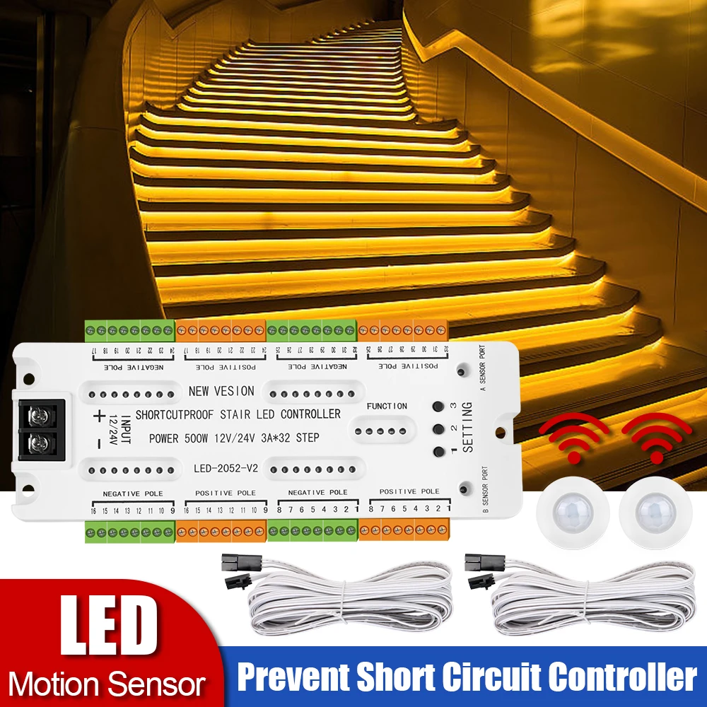 Schody LED Światło z czujnikiem ruchu DC12V/24V 32 kanały Drabina Lampka nocna Zapobieganie zwarciu Kontroler