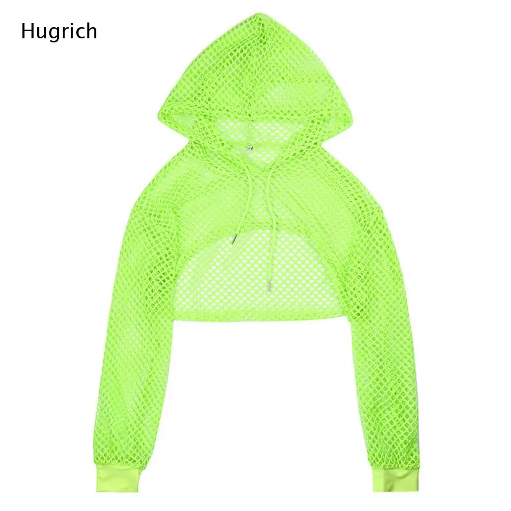 Fishnet Mesh Cropped Hoodie for Women Neon Green Sheer Long Sleeve Cover Up Top for Rave Party.