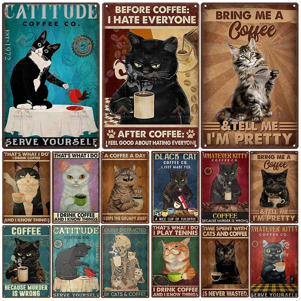 Retro Cat Coffee Metal Sign, Vintage Kitchen Signs, Funny 18 Signs, Home, Kitchen, Garden, Bar Decor, Art Poster, 7.8x11.8 in