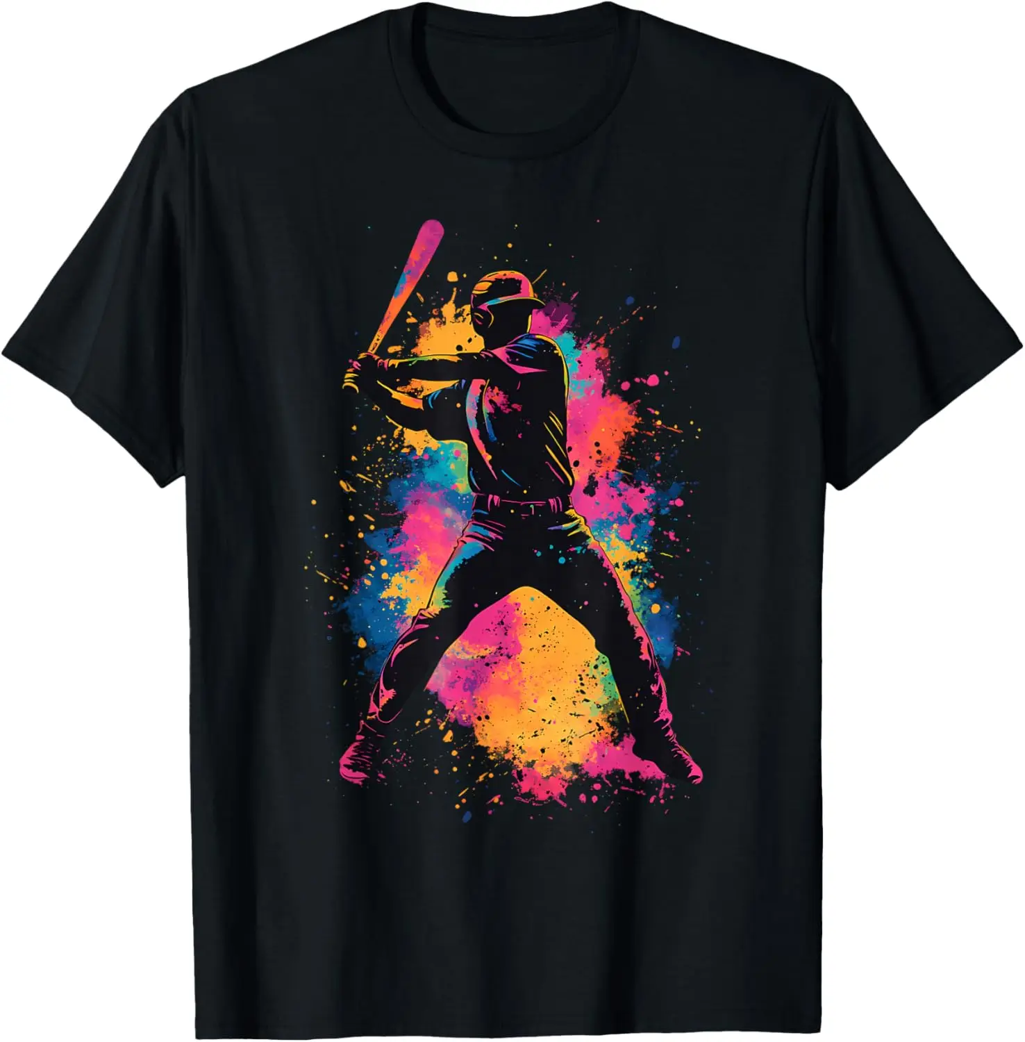 Colorful Splash Baseball Player Silhouette Graphic Tee Men's Short Sleeve Cotton T-Shirt