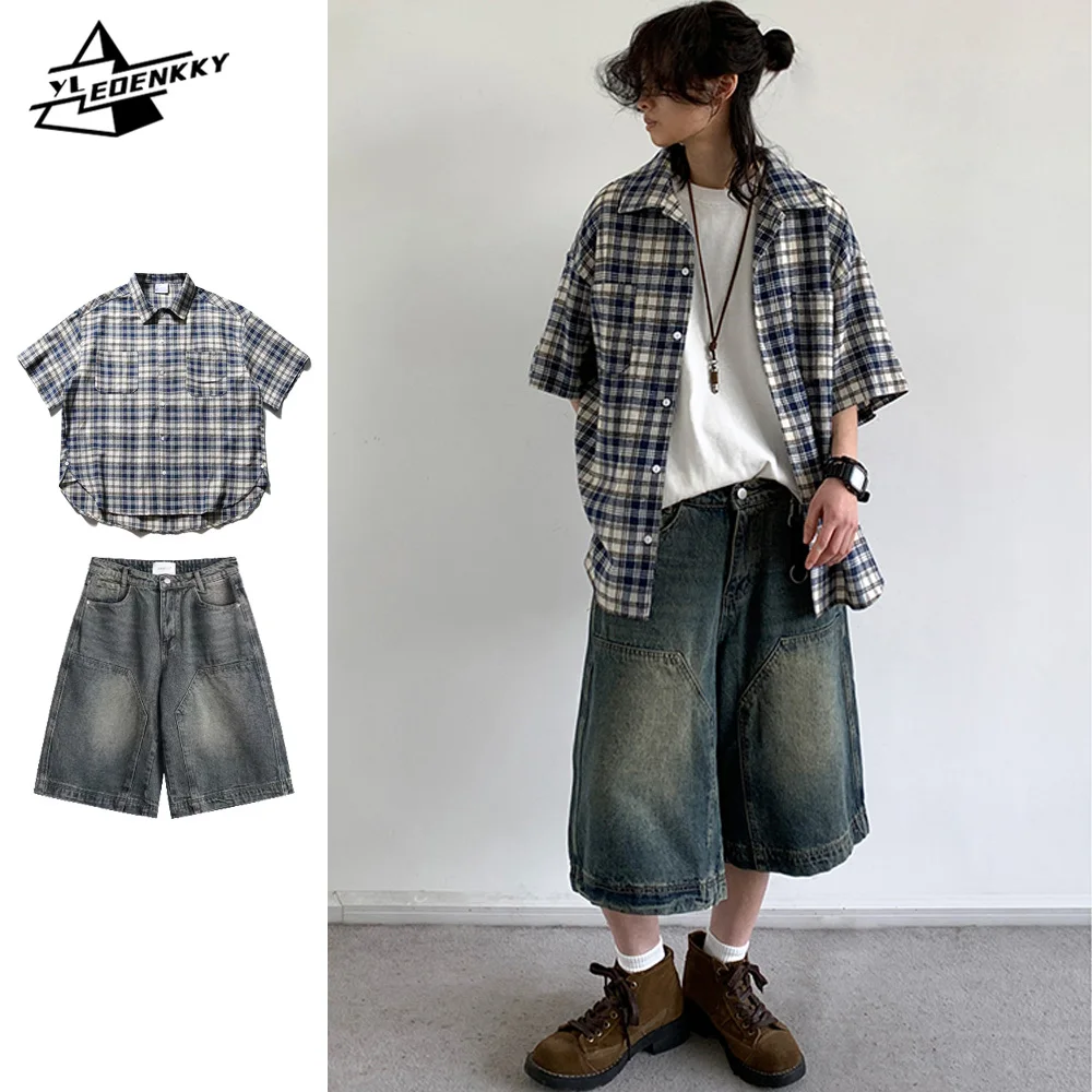 Summer Casual Set Men Women Vintage Plaid Half Sleeve Loose Shirt Street Wash Distressed Denim Shorts New Japanese Oversize Suit