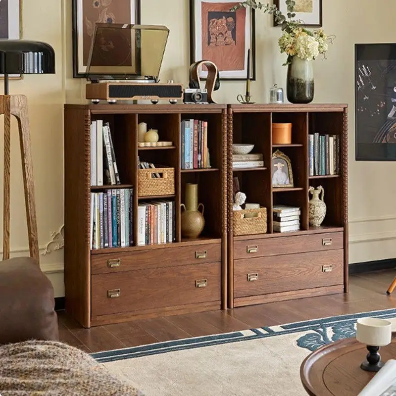 French solid wood bookcase, locker module combination bookcase, floor-to-ceiling retro wall bookshelf, home living room shelf.