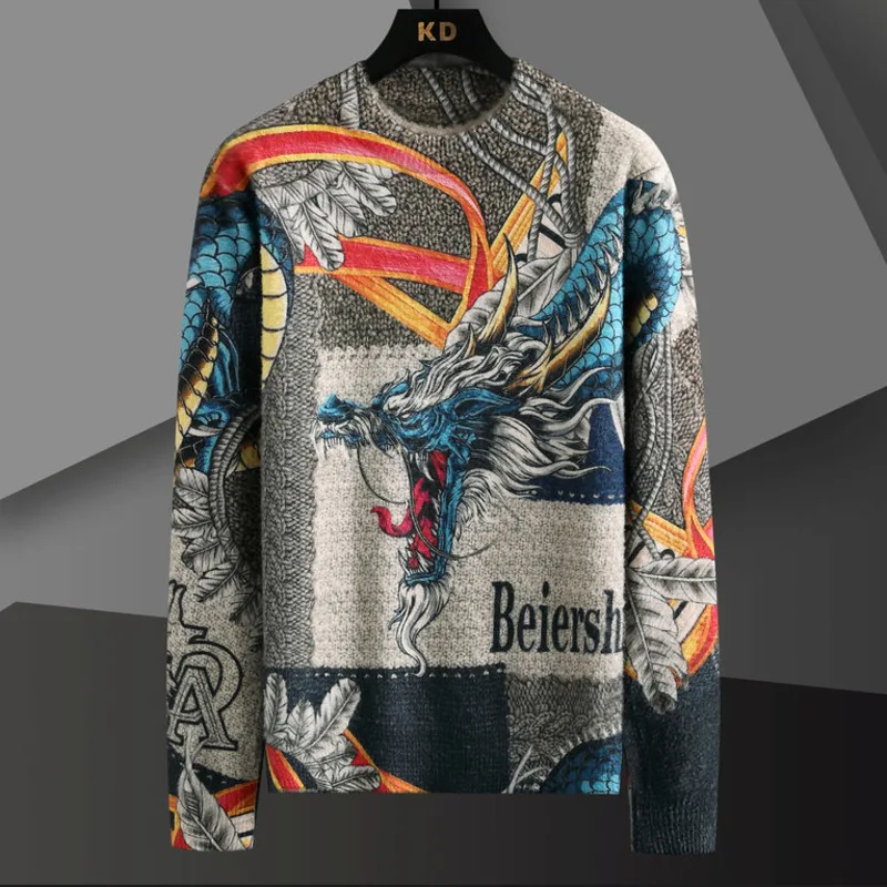 Personalized Digital Three Colorful Animal Dragon Print Dimensional Printing Pattern Knitted Sweater Men  Warm Keeping Pullover