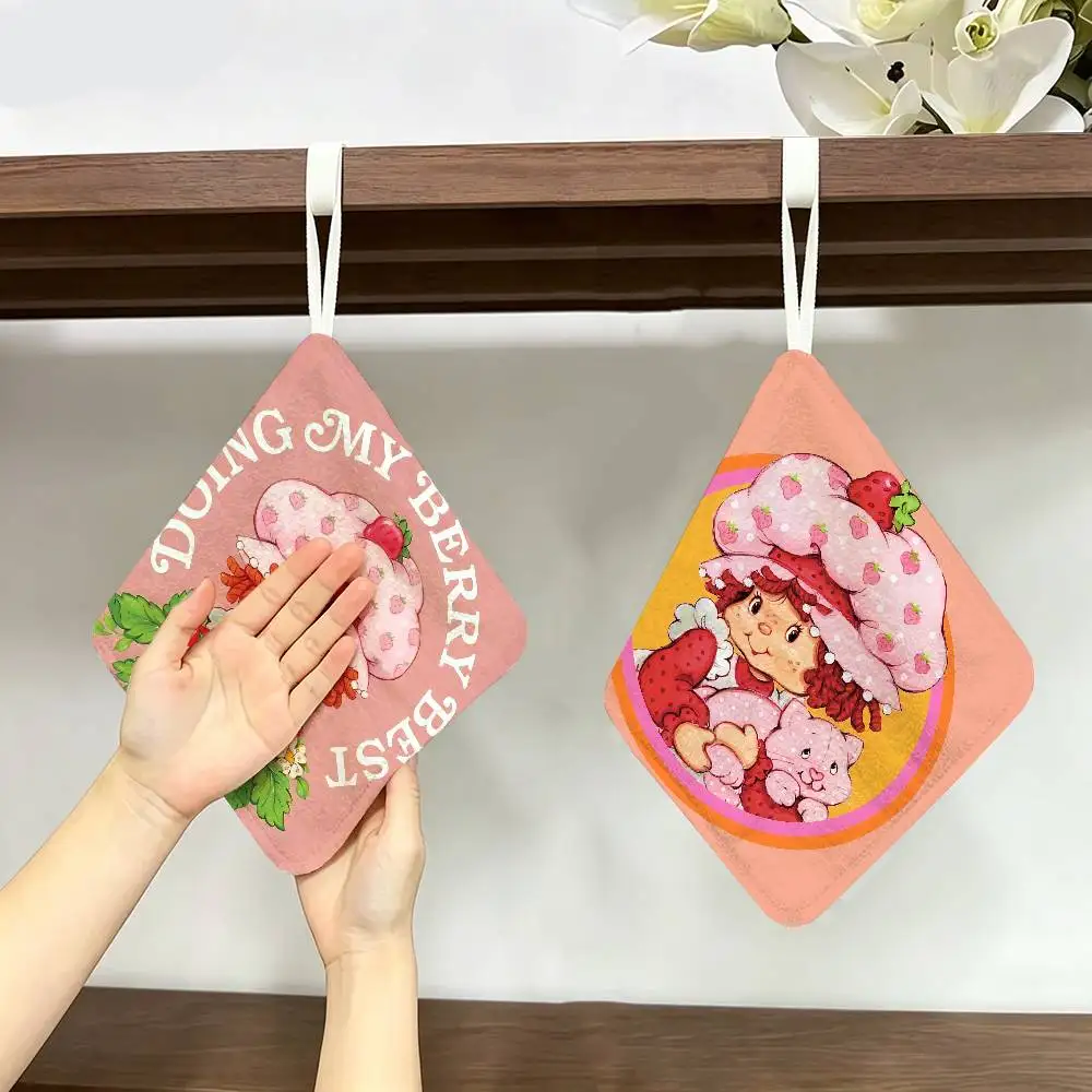 Cartoon Strawberry Shortcake Multi-scene Polyester Cotton Towel, Hanging Hand Wiping Cloth for Kitchen Bathroom Hotel