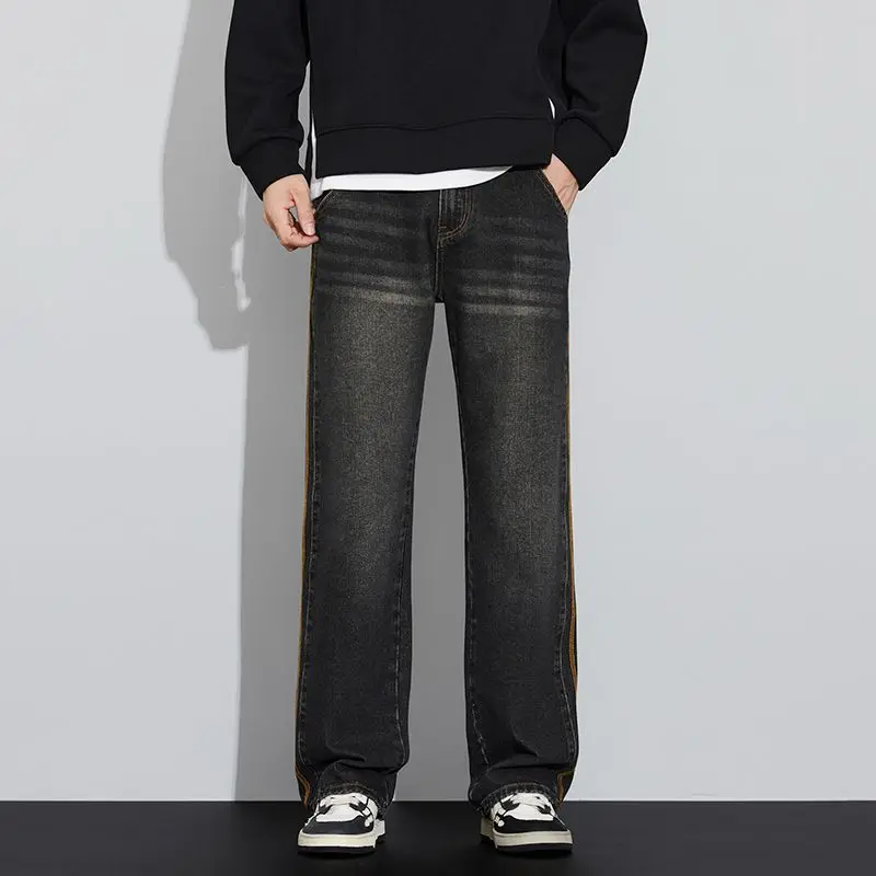 2025, nueva gran oferta, pantalones de pierna ancha gruesos para hombre, pantalones vaqueros informales de felpa lisos concisos, pantalones vaqueros de alta sociedad Retro ajustados para uso diario