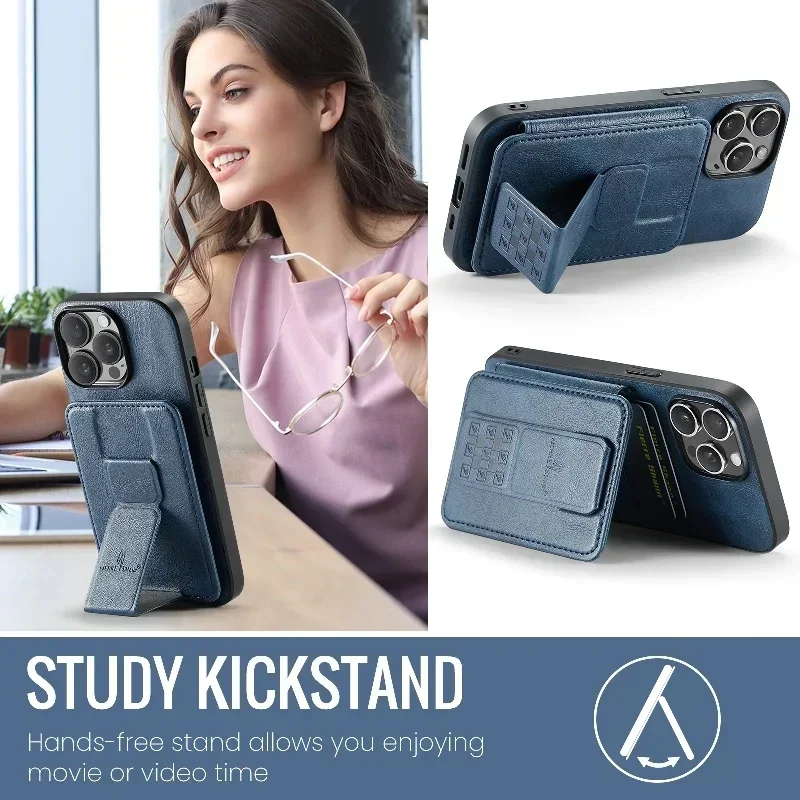 Magnetic Invisible folding Bracket Phone Case for iPhone 16 Pro Max 15 14 Plus 13 12 11 Leather Bag Wallet Card Solt stand Cover